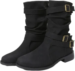 Cowgirl Boots Women Wide Calf Zipper Mid Calf Riding Winter boots Low Heel Motorcycle Combat Military Biker Ankle booties