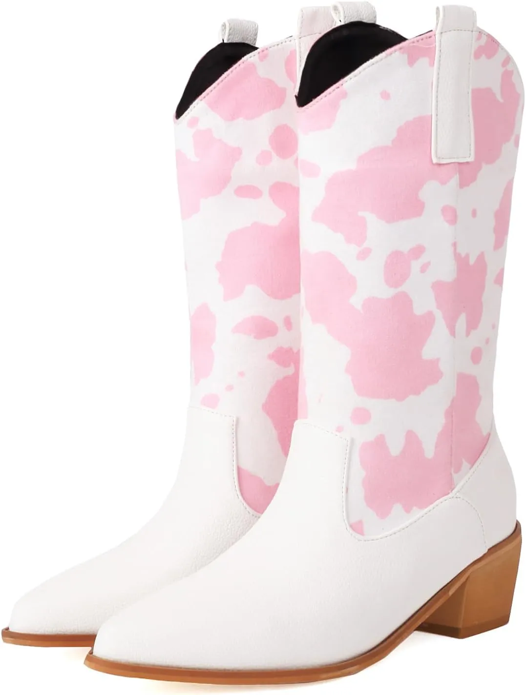 Cozivwaiy Women Mid Calf Cowboy Boots Chunky Heel Half Boot Cow Print Western Boots Plus size (US 4-12.5)