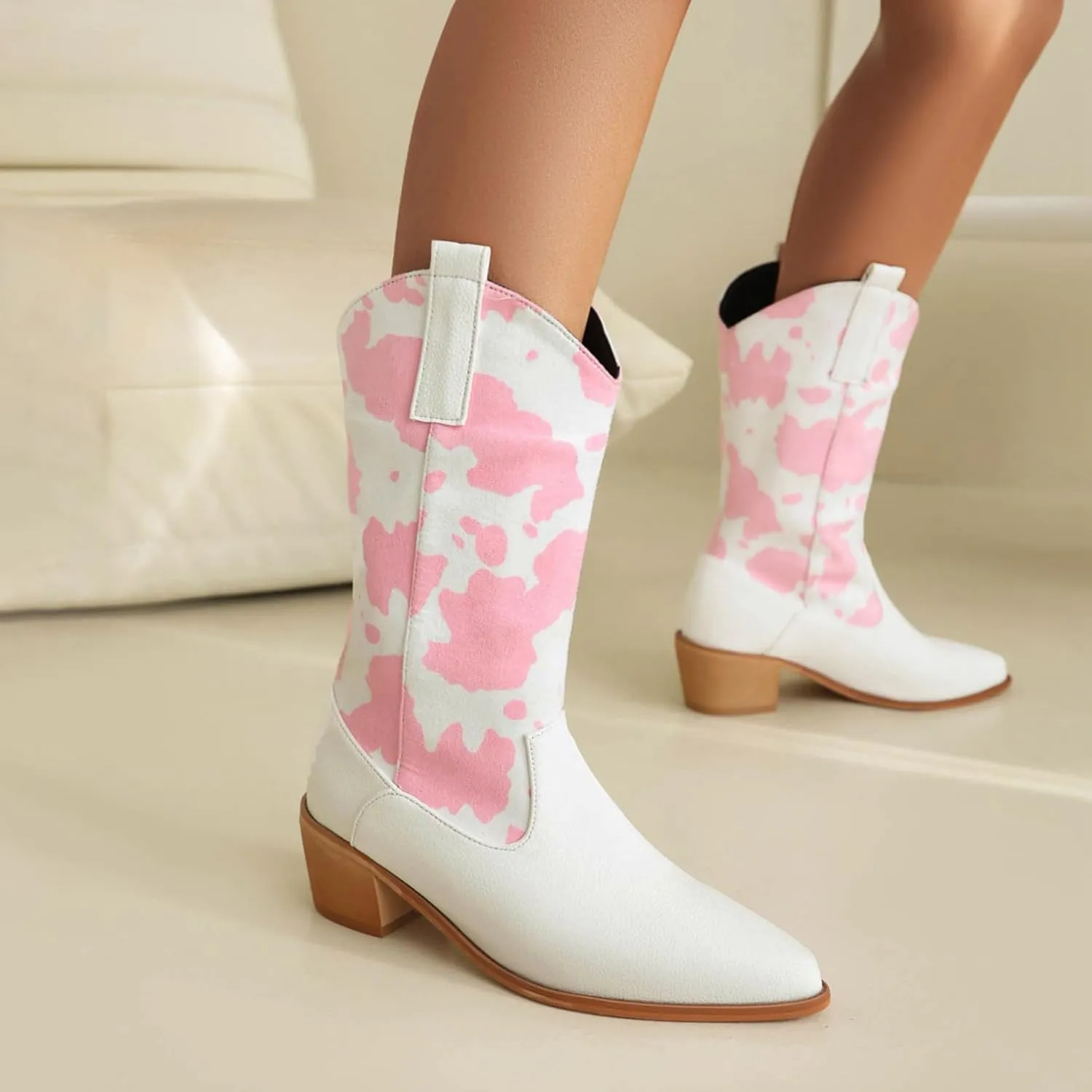 Cozivwaiy Women Mid Calf Cowboy Boots Chunky Heel Half Boot Cow Print Western Boots Plus size (US 4-12.5)