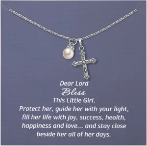 Cross Necklace with Pearl Charm for Women, Christian Blessing Jewelry Gift for Baptism, Christening, First Communion, Elegant Cross and Pearl Necklace, Faith-Based Gift with Prayer