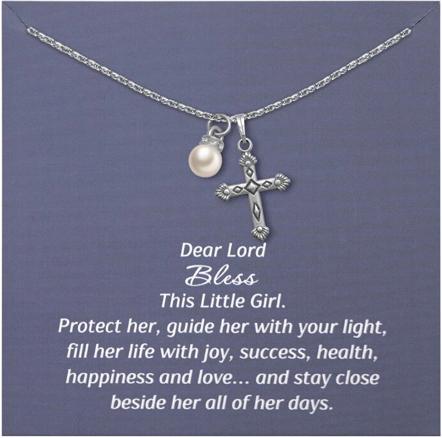 Cross Necklace with Pearl Charm for Women, Christian Blessing Jewelry Gift for Baptism, Christening, First Communion, Elegant Cross and Pearl Necklace, Faith-Based Gift with Prayer