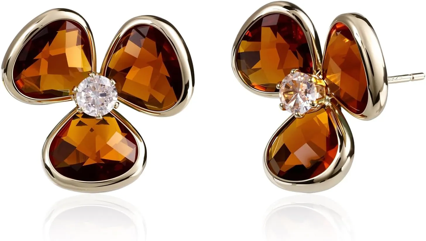 Crystal Flower Earrings for Women - Brown Jewelry with Genuine Amber Crysatl, Hypoallergenic Floral Stud Earrings for Sensitive Ears