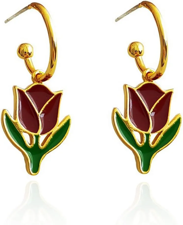 Dainty Gold Plated Red Tulip Small Flower Dangle Earrings for Women Delicate Floral Hoop Earrings Trendy Funky Tiny Stylish Earrings Cute Pretty Everyday Earrings Fashion Jewelry