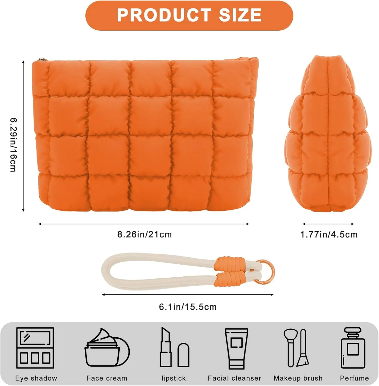 DOB SECHS Puffer Quilted Makeup Bag with Handle, Cute Puffy Cotton Cosmetic Bags for Women, Mini Checkered Toiletry Zipper Pouch, Travel Essentials Storage Organizer Clutch Pouches Pencil Case, Orange