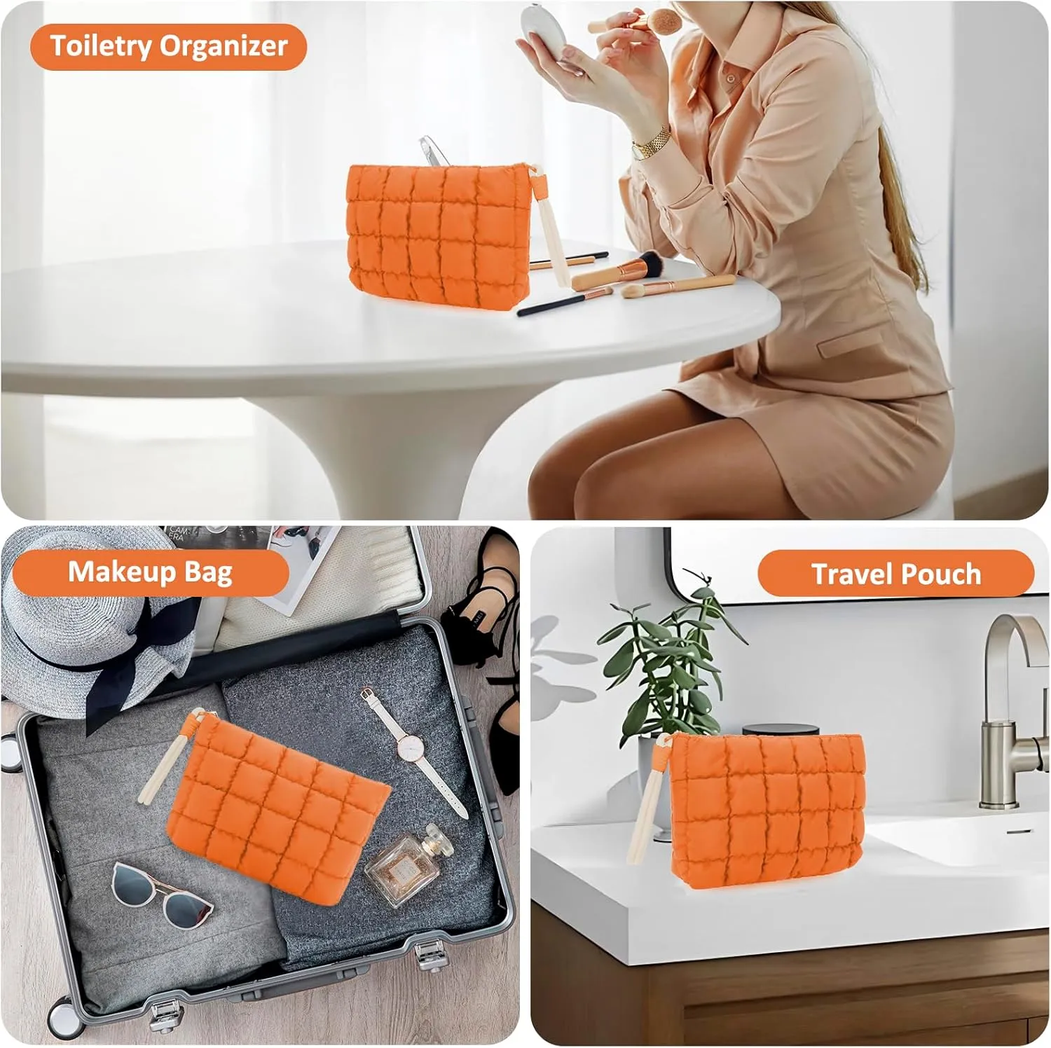 DOB SECHS Puffer Quilted Makeup Bag with Handle, Cute Puffy Cotton Cosmetic Bags for Women, Mini Checkered Toiletry Zipper Pouch, Travel Essentials Storage Organizer Clutch Pouches Pencil Case, Orange