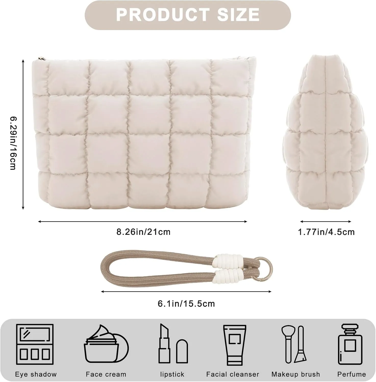DOB SECHS Puffer Quilted Makeup Bag with Handle, Cute Puffy Cotton Cosmetic Bags for Women, Small Checkered Toiletry Zipper Pouch, Travel Essentials Storage Organizer Clutch Pouches Pencil Case, Khaki
