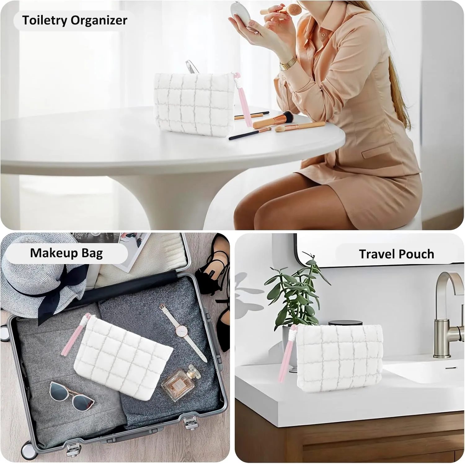 DOB SECHS Puffer Quilted Makeup Bag with Handle Detachable Cute Puffy Cotton Cosmetic Bag for Women, Small Toiletry Zipper Make Up Pouch, Checkered Quilt Clutch Bag Travel Storage Pouches Case, White