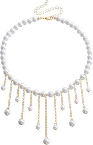 Dreuyet Vintage Pearl Tassels Choker Necklaces for Women Elegant Baroque Pearl Necklaces Handmade Layered Y2k Statement Choker