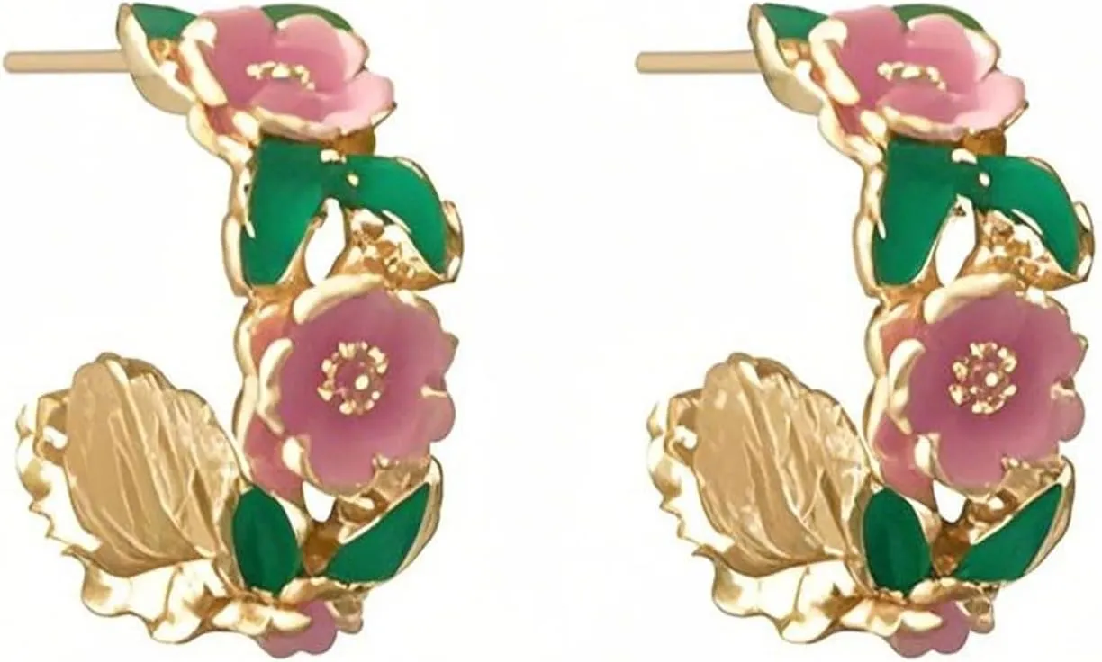 Drip Oil C-Shaped Flower Stud Earrings Minimalist Floral Earrings for Women Party Jewelry