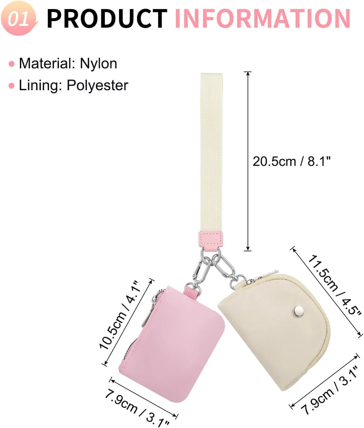 Dual Pouch Wristlet Wallets For Women, Coin Purse Zip Around Wristlet Pouch, Portable Zipper Wristlet Nylon for Daily Travel Walking, Beige and Pink
