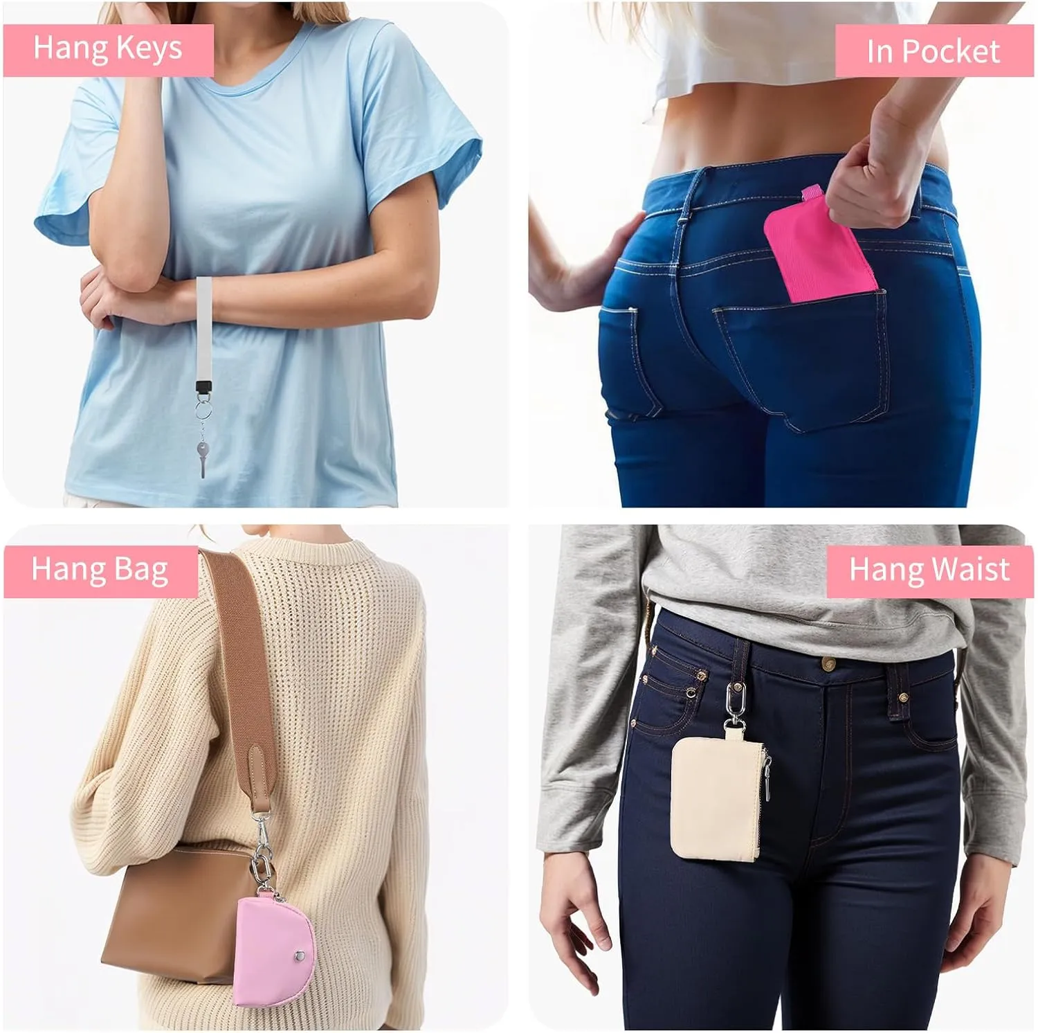 Dual Pouch Wristlet Wallets For Women, Coin Purse Zip Around Wristlet Pouch, Portable Zipper Wristlet Nylon for Daily Travel Walking, Beige and Pink