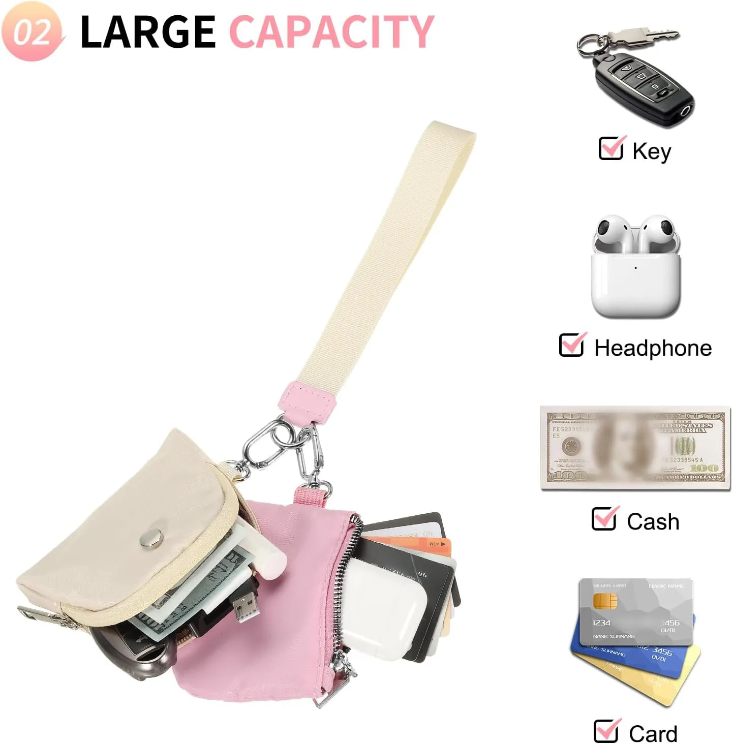 Dual Pouch Wristlet Wallets For Women, Coin Purse Zip Around Wristlet Pouch, Portable Zipper Wristlet Nylon for Daily Travel Walking, Beige and Pink