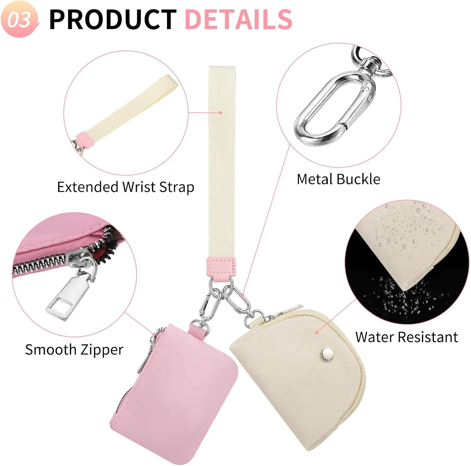 Dual Pouch Wristlet Wallets For Women, Coin Purse Zip Around Wristlet Pouch, Portable Zipper Wristlet Nylon for Daily Travel Walking, Beige and Pink