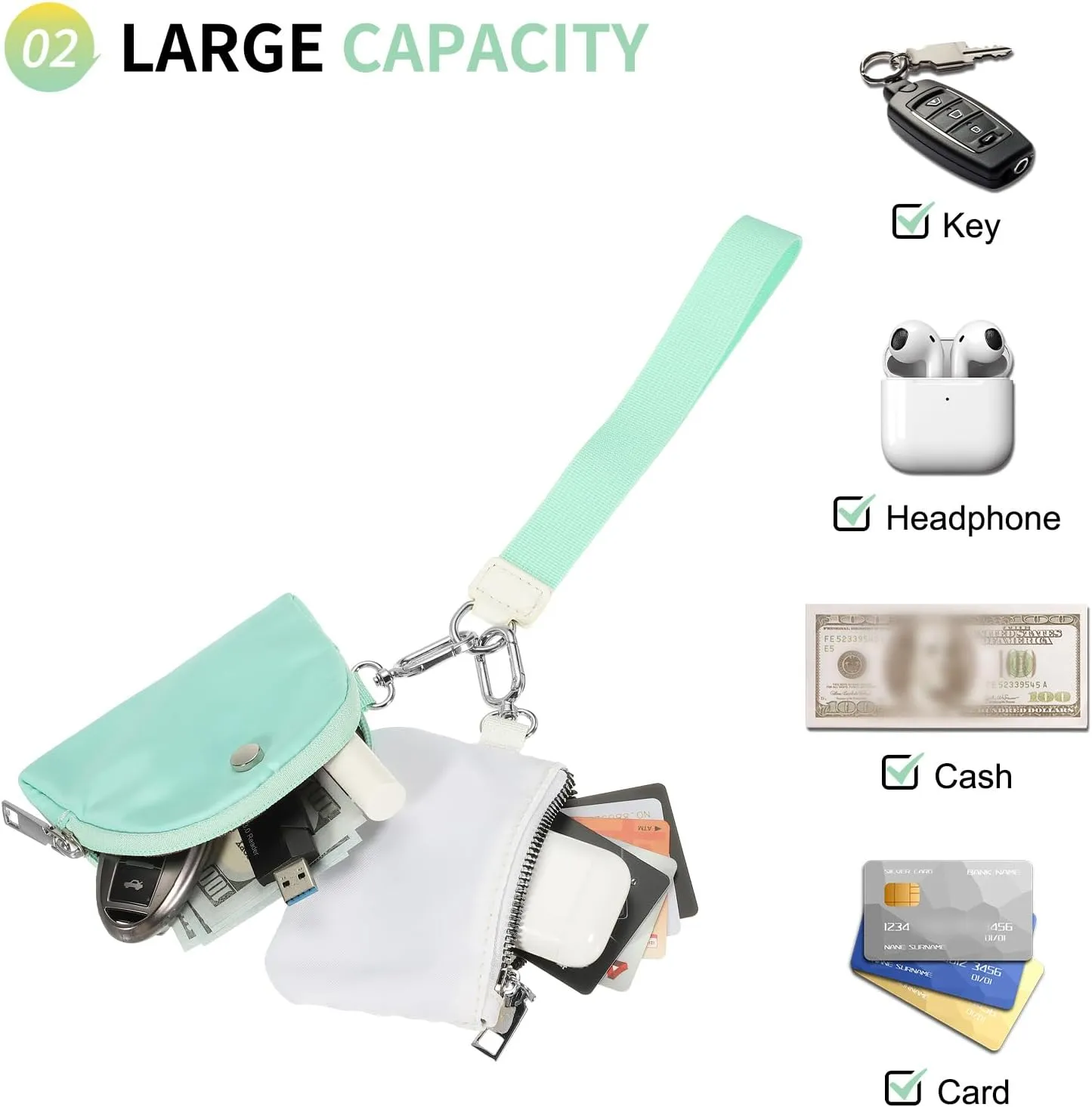Dual Pouch Wristlet Wallets For Women, Coin Purse Zip Around Wristlet Pouch, Portable Zipper Wristlet Nylon for Daily Travel Walking, Mint Green