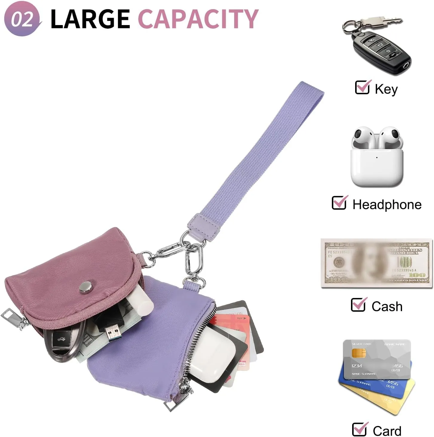 Dual Pouch Wristlet Wallets For Women, Coin Purse Zip Around Wristlet Pouch, Portable Zipper Wristlet Nylon for Daily Travel Walking, Purple