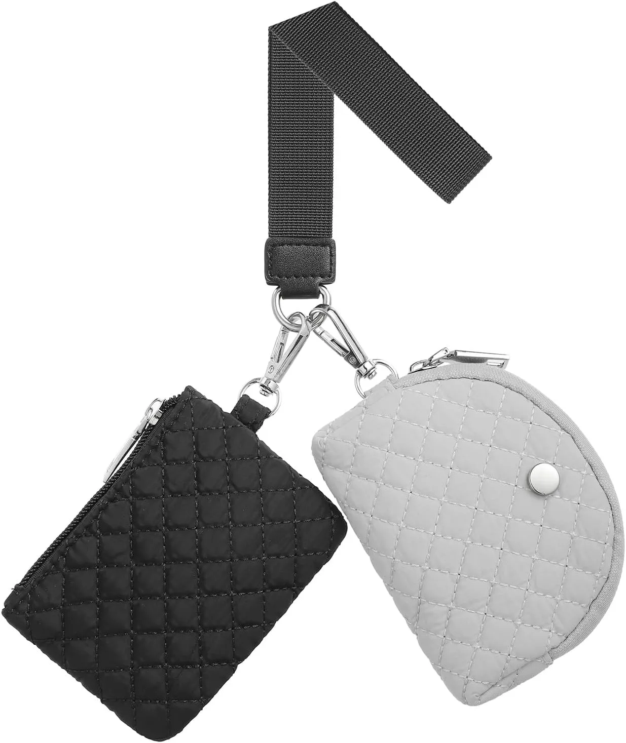 Dual Pouch Wristlet Wallets For Women, Coin Purse Zip Around Wristlet Pouch, Portable Zipper Wristlet Quilted Nylon for Daily Travel Walking, Black and Gray