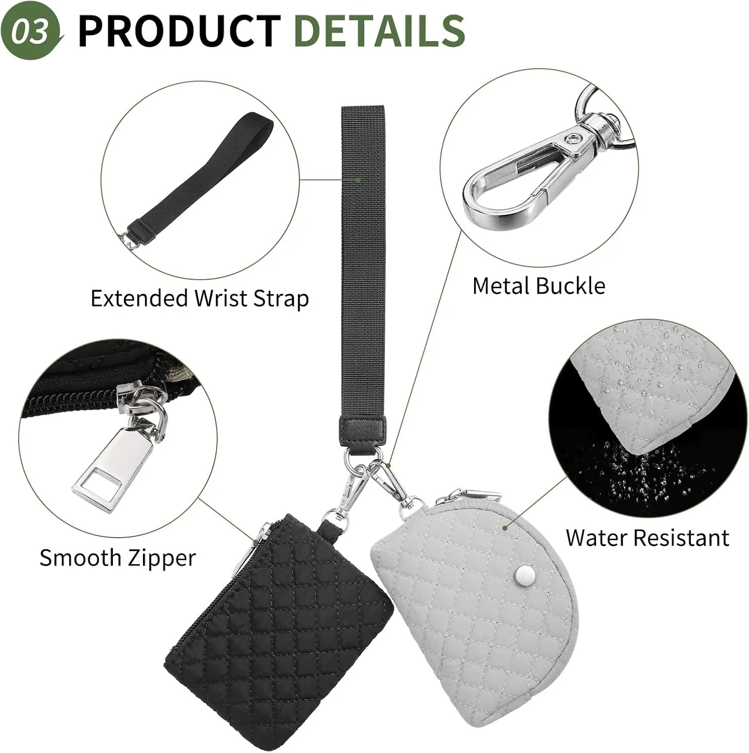 Dual Pouch Wristlet Wallets For Women, Coin Purse Zip Around Wristlet Pouch, Portable Zipper Wristlet Quilted Nylon for Daily Travel Walking, Black and Gray