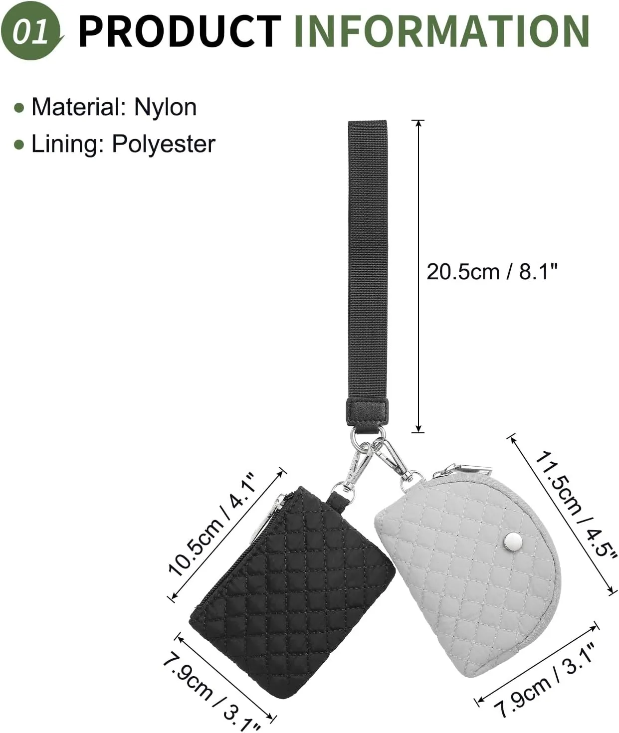 Dual Pouch Wristlet Wallets For Women, Coin Purse Zip Around Wristlet Pouch, Portable Zipper Wristlet Quilted Nylon for Daily Travel Walking, Black and Gray