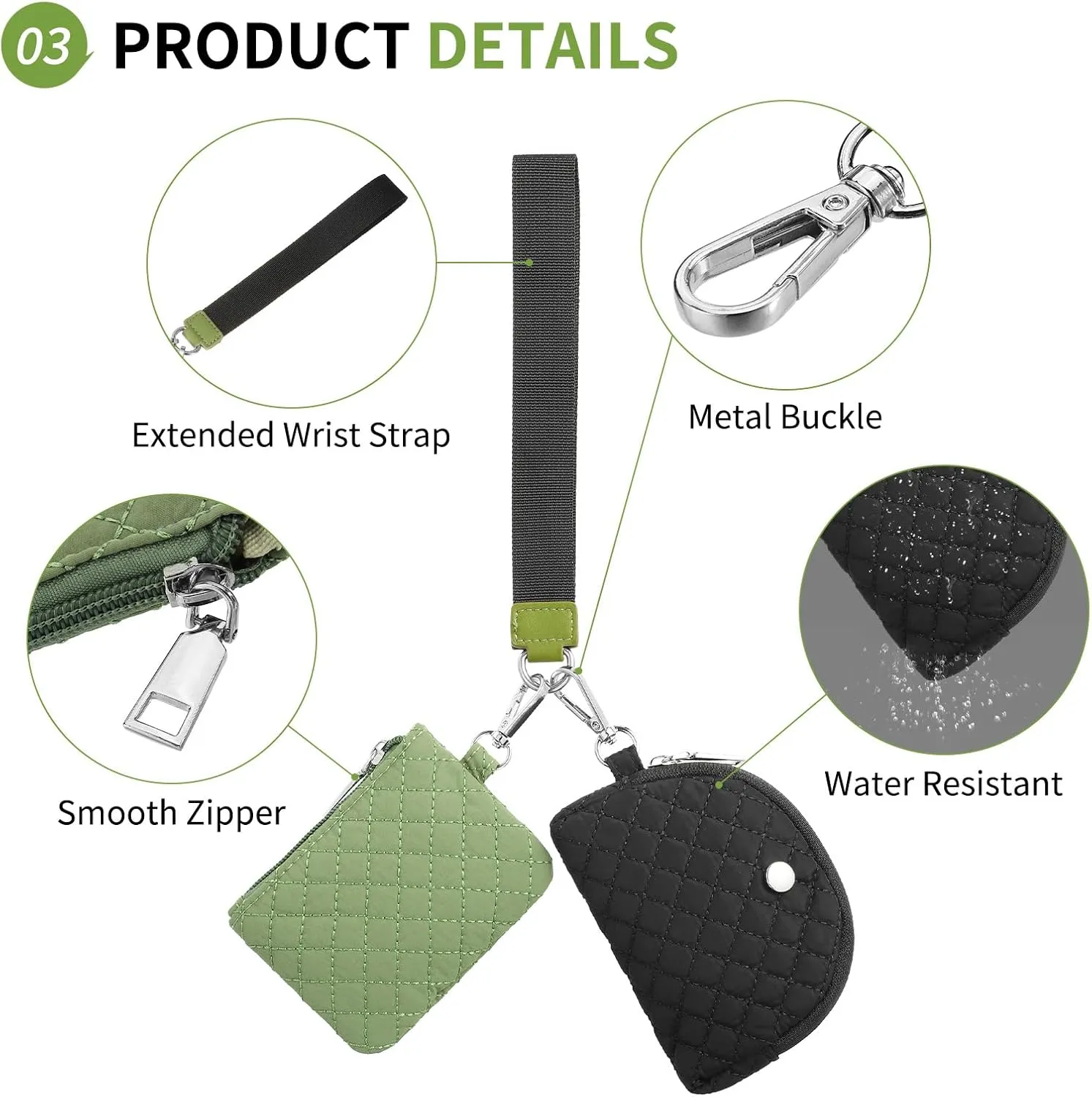 Dual Pouch Wristlet Wallets For Women, Coin Purse Zip Around Wristlet Pouch, Portable Zipper Wristlet Quilted Nylon for Daily Travel Walking, Black and Green