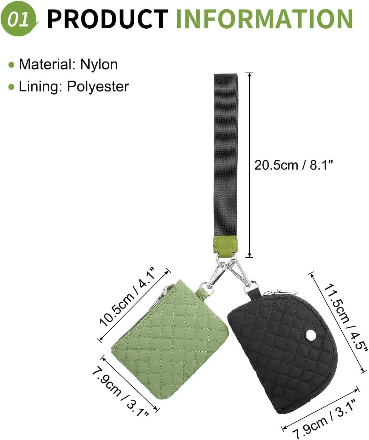 Dual Pouch Wristlet Wallets For Women, Coin Purse Zip Around Wristlet Pouch, Portable Zipper Wristlet Quilted Nylon for Daily Travel Walking, Black and Green