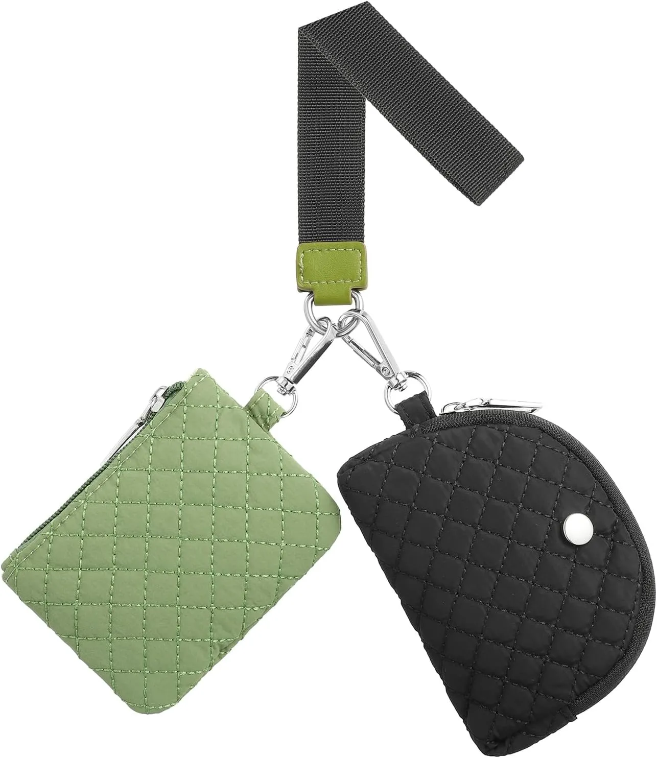 Dual Pouch Wristlet Wallets For Women, Coin Purse Zip Around Wristlet Pouch, Portable Zipper Wristlet Quilted Nylon for Daily Travel Walking, Black and Green