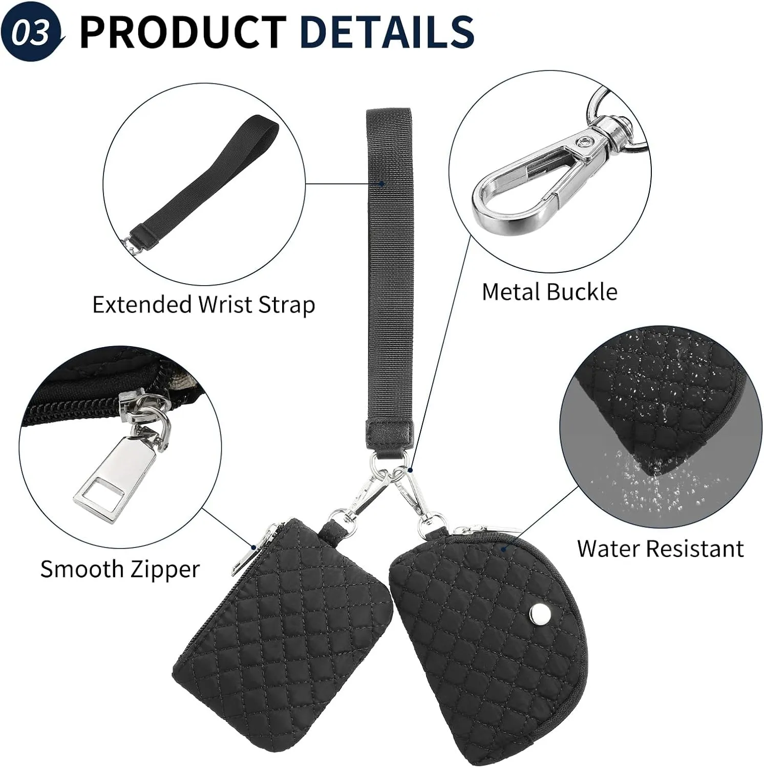 Dual Pouch Wristlet Wallets For Women, Coin Purse Zip Around Wristlet Pouch, Portable Zipper Wristlet Quilted Nylon for Daily Travel Walking, Black