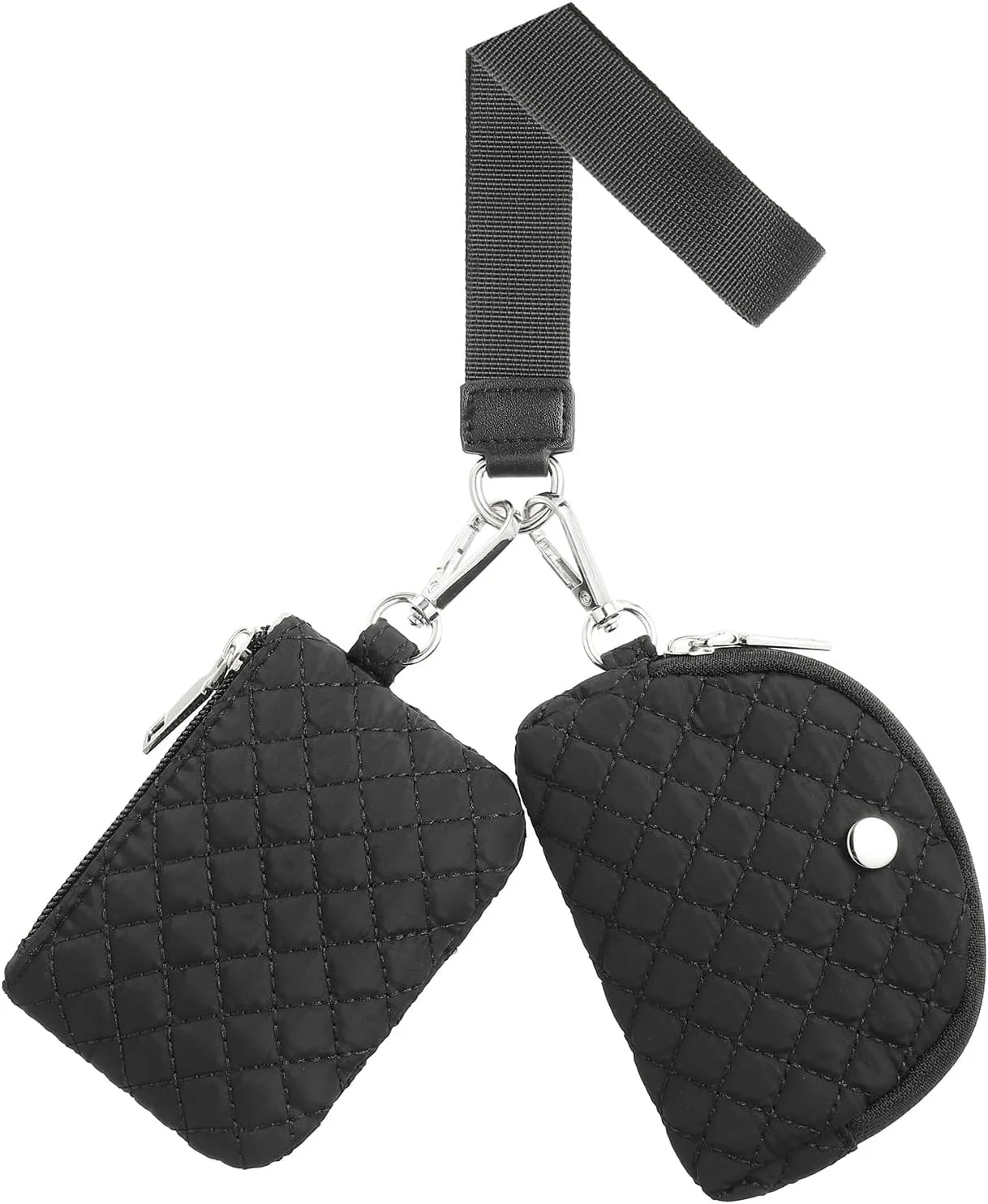 Dual Pouch Wristlet Wallets For Women, Coin Purse Zip Around Wristlet Pouch, Portable Zipper Wristlet Quilted Nylon for Daily Travel Walking, Black