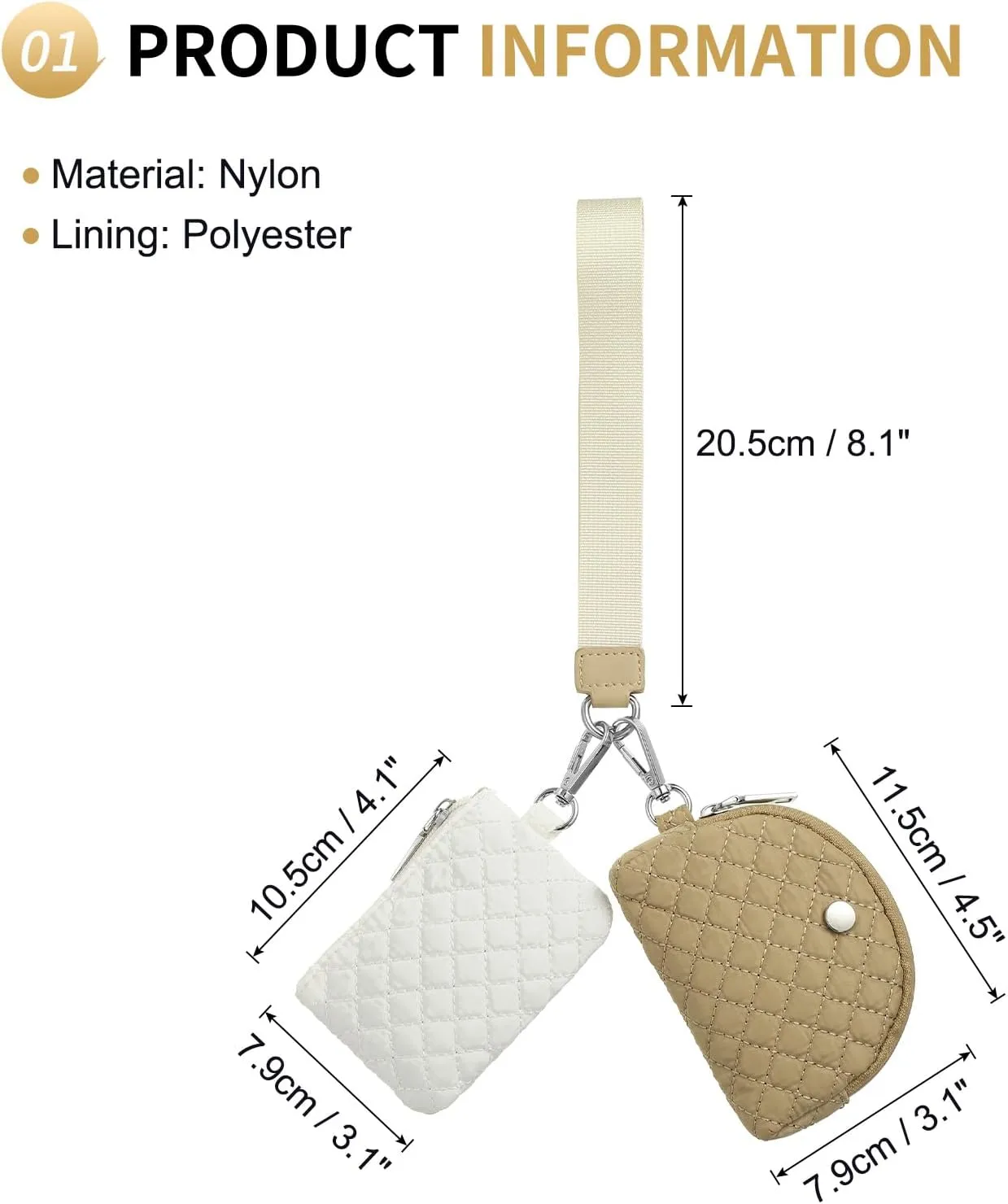 Dual Pouch Wristlet Wallets For Women, Coin Purse Zip Around Wristlet Pouch, Portable Zipper Wristlet Quilted Nylon for Daily Travel Walking, Khaki