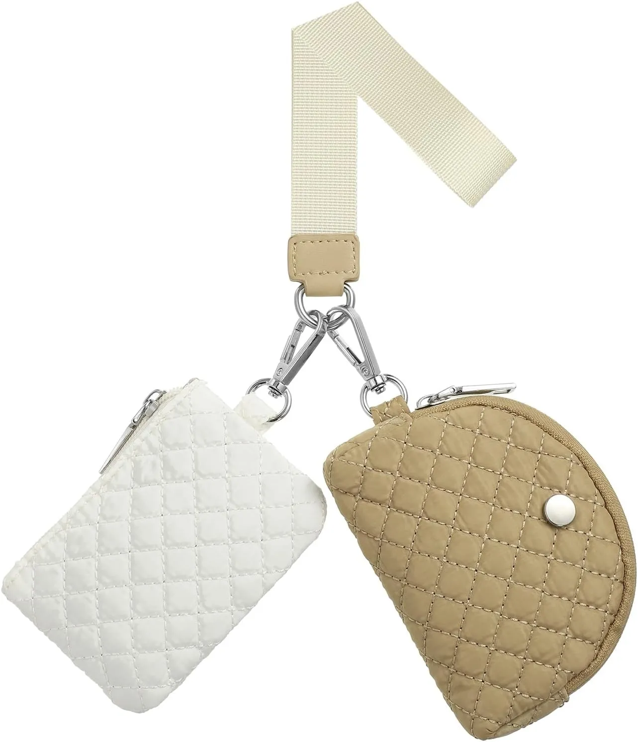 Dual Pouch Wristlet Wallets For Women, Coin Purse Zip Around Wristlet Pouch, Portable Zipper Wristlet Quilted Nylon for Daily Travel Walking, Khaki