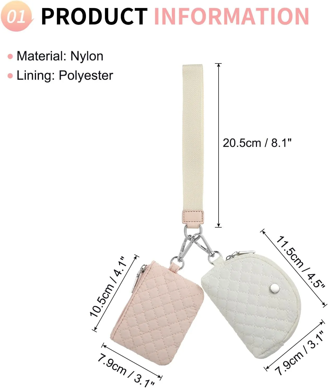 Dual Pouch Wristlet Wallets For Women, Coin Purse Zip Around Wristlet Pouch, Portable Zipper Wristlet Quilted Nylon for Daily Travel Walking, Pink