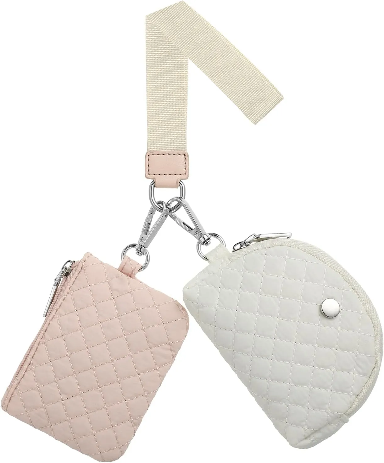 Dual Pouch Wristlet Wallets For Women, Coin Purse Zip Around Wristlet Pouch, Portable Zipper Wristlet Quilted Nylon for Daily Travel Walking, Pink