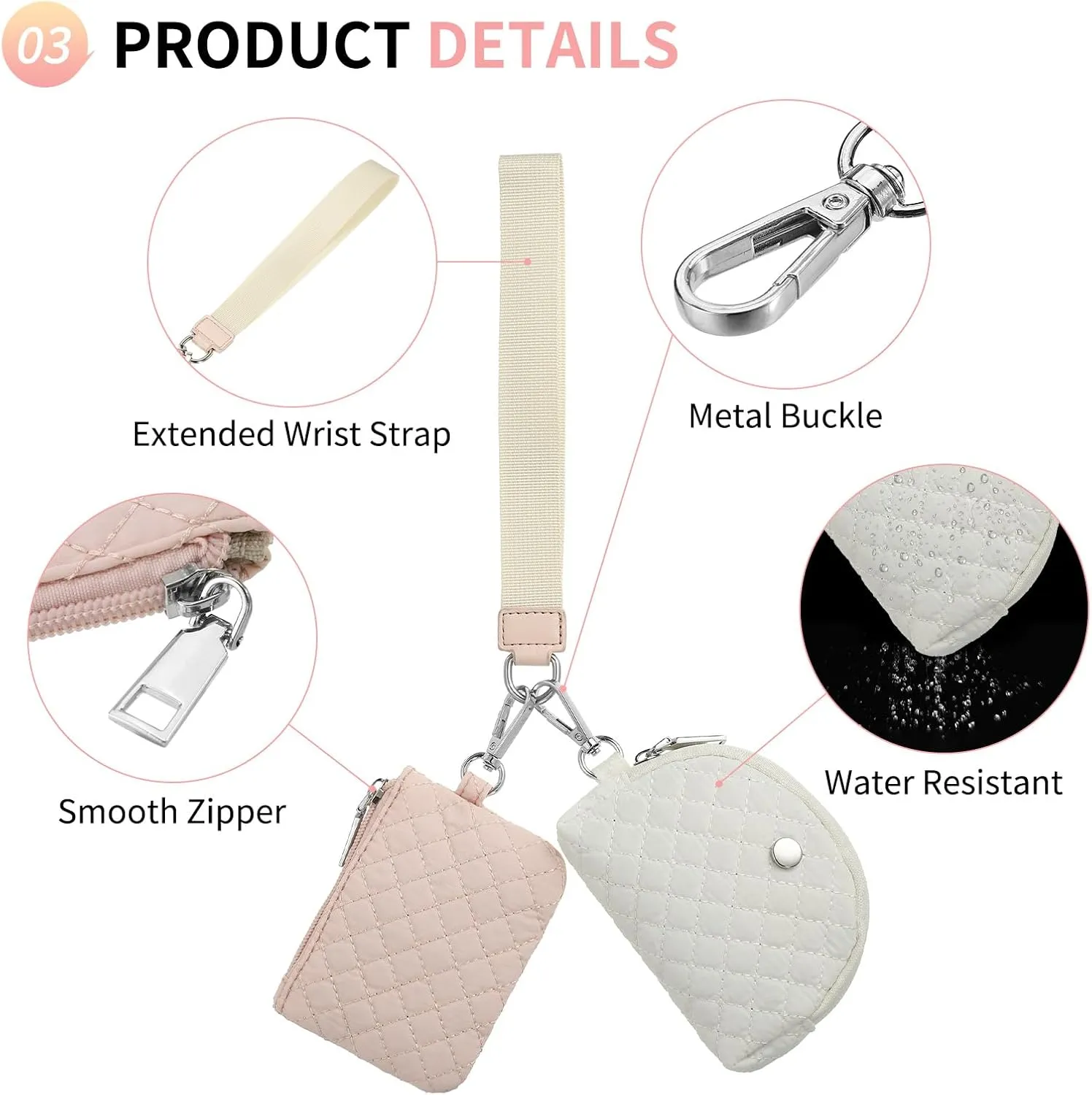 Dual Pouch Wristlet Wallets For Women, Coin Purse Zip Around Wristlet Pouch, Portable Zipper Wristlet Quilted Nylon for Daily Travel Walking, Pink
