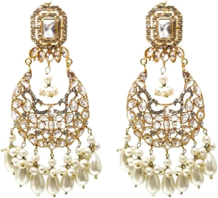 Duel On Jewel Handcrafted SilverPlated Victorian Black Stone Dangle Earrings & GoldPlated Jhoomar Pearl Strand Earrings Bundle
