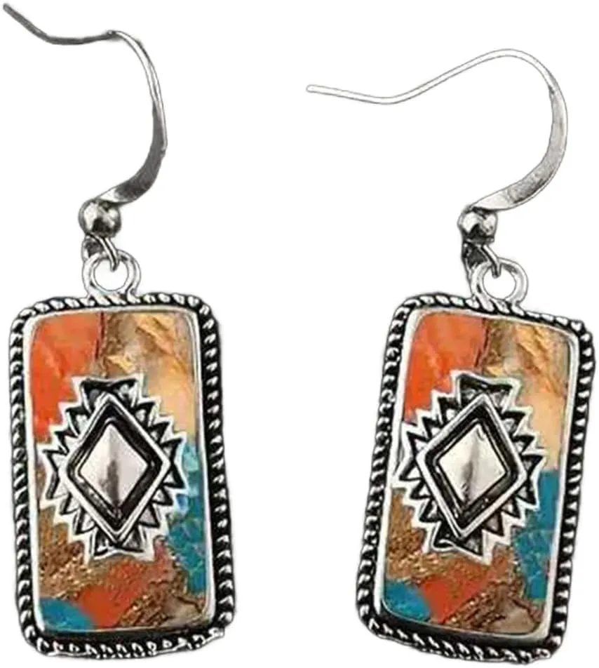 Earrings for Women, Lady Bohemian Earrings Vintage Ethnic Style Dangle Earrings Faux Turquoise Oblong Shape Hook Earrings Prom Daily Travel