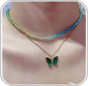 eartif Crystal layered necklaces Butterfly Pendant Cute Crystal Butterfly Beaded Choker Necklaces Dainty Minimalist Jewelry for Women