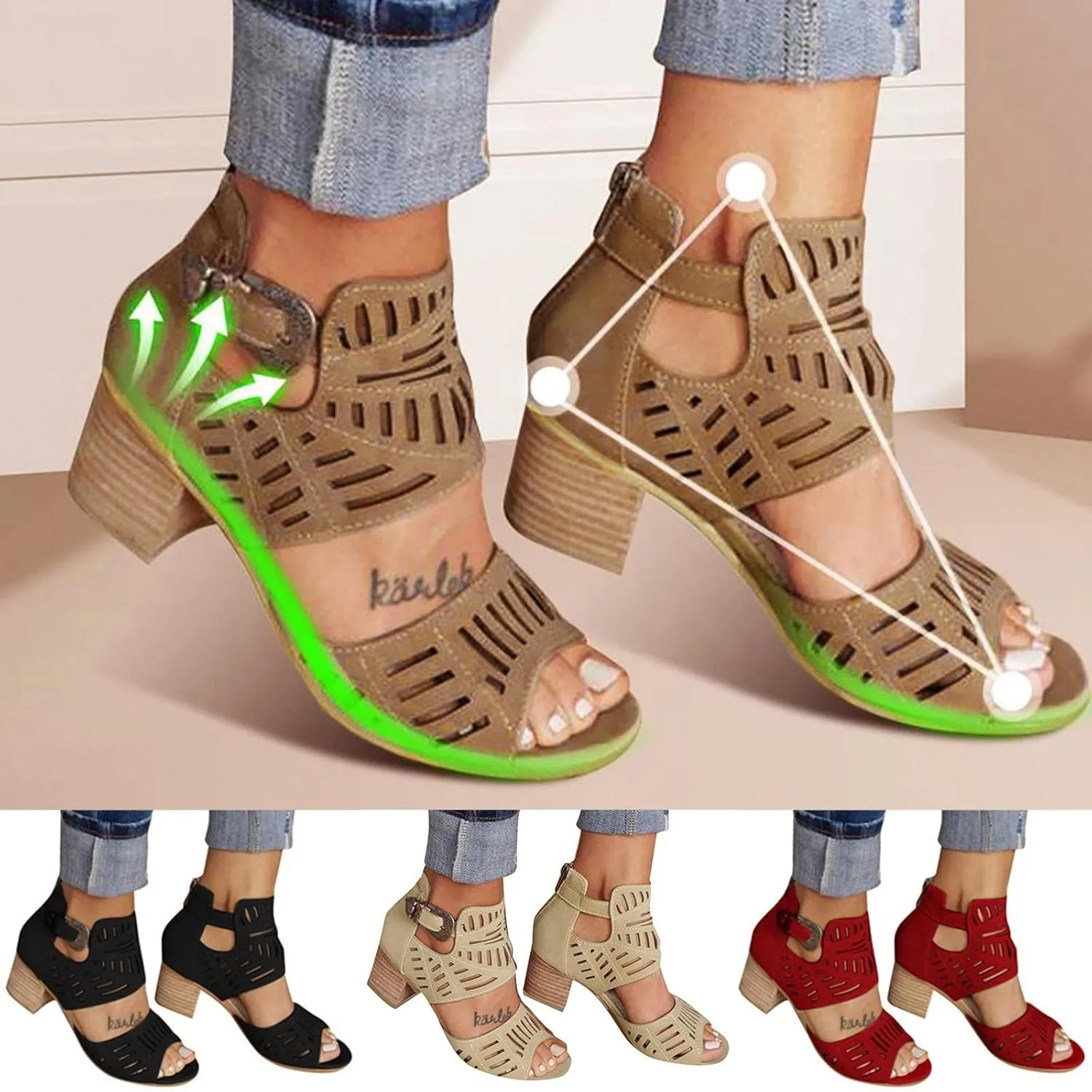 Eduavar Wedge Sandals for Women, Sandals Women Summer Breathable Hollow Out Low Heel Sandals with Buckle Ankle Strap