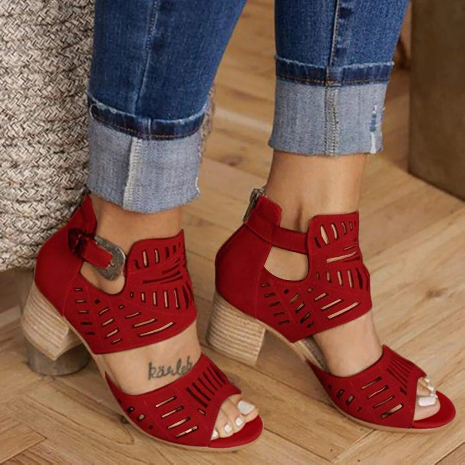 Eduavar Wedge Sandals for Women, Sandals Women Summer Breathable Hollow Out Low Heel Sandals with Buckle Ankle Strap