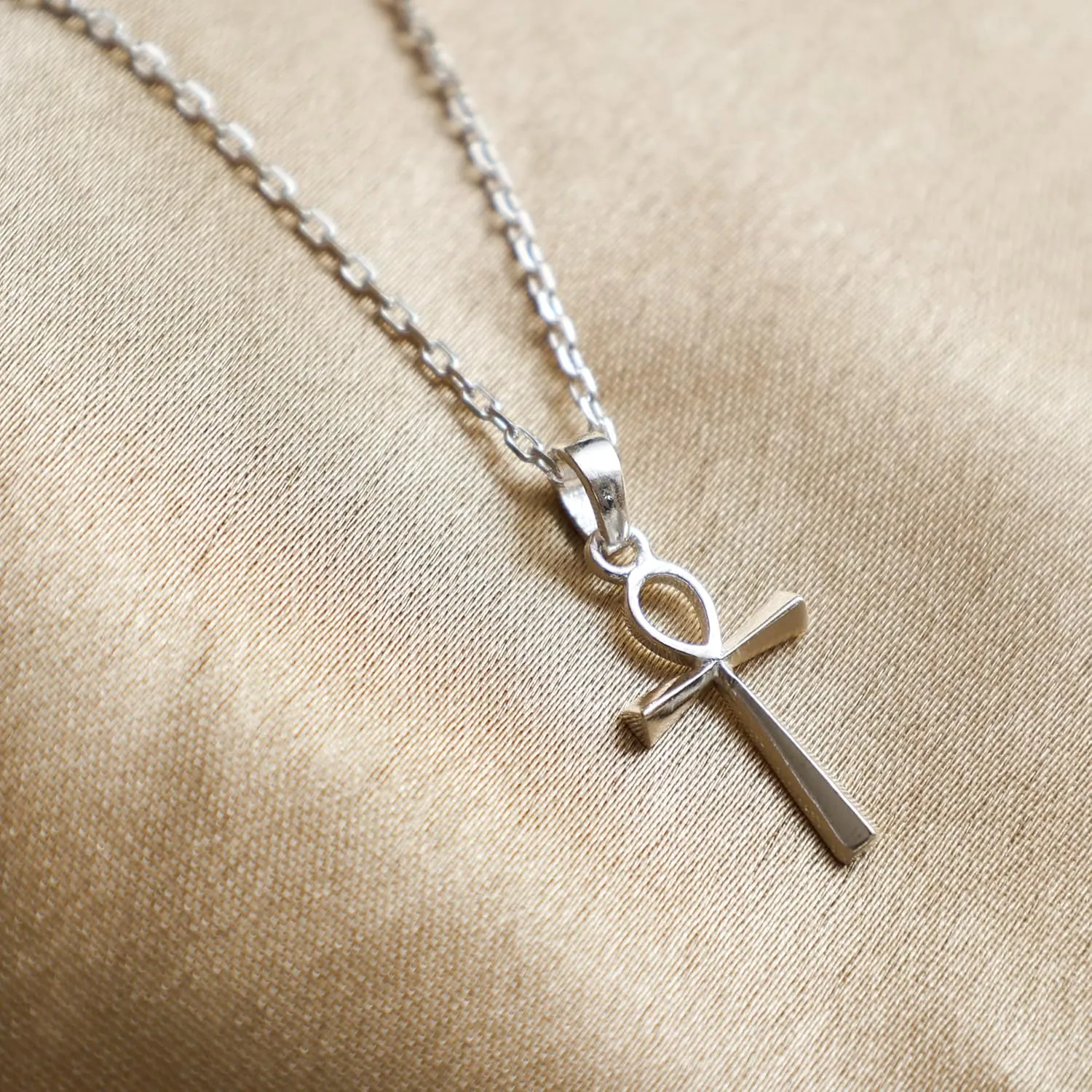 Egyptian Ankh Charm Necklace for Women, Cross Pendant, Eternity Necklace for Girls, Handmade, 925 Silver, 18 inch Adjustable Chain, Gift for Her (Cross Silver)