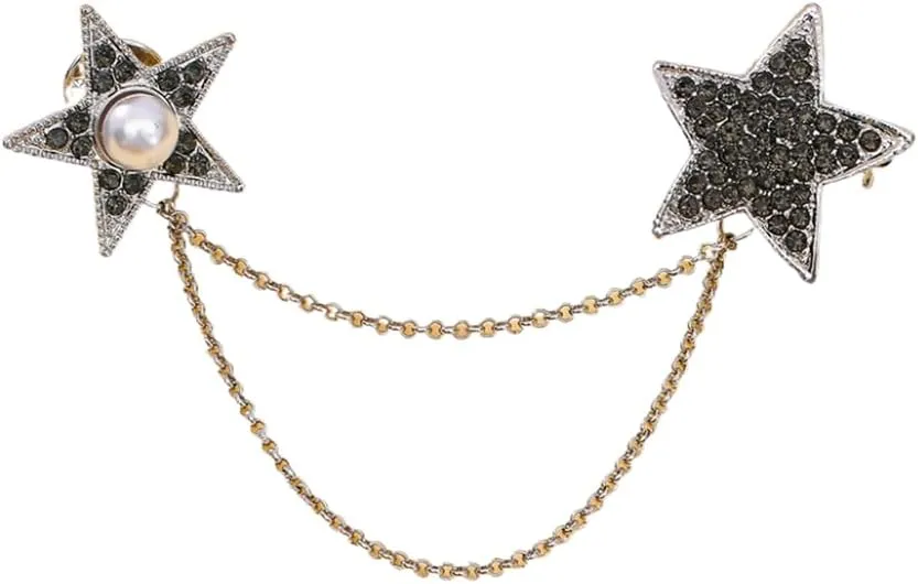 Elegant Star Hanging Tassel Chains Brooch Pin for Women Geometric Rhinestone Pearl Pointed Star Lapel Pins Cardigan Sweater Clothes Brooches Accessories Jewelry