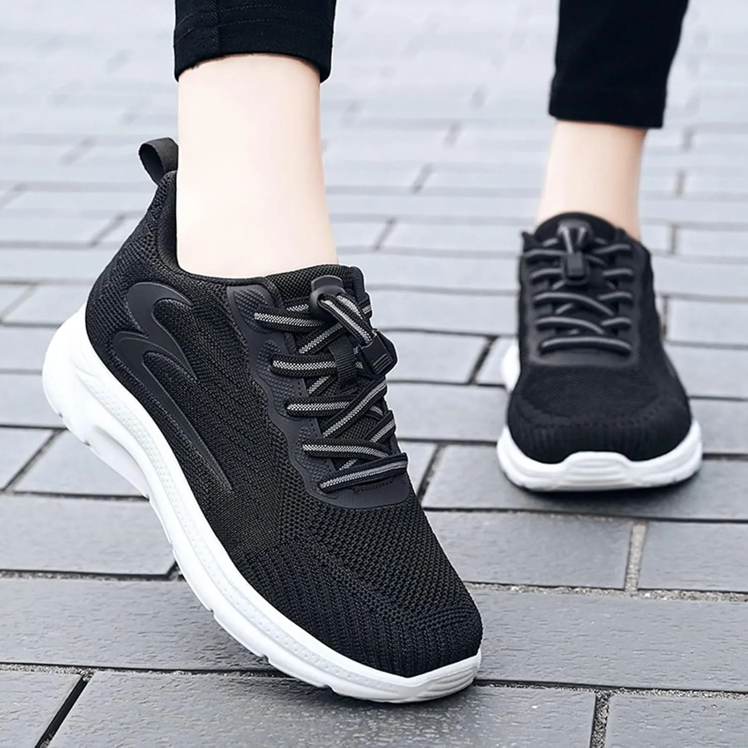 Elegant Women's Pumps and Breathable Fly Woven Casual Trainers Shoes Lightweight Comfortable Summer Footwear with Elastic Straps in Black