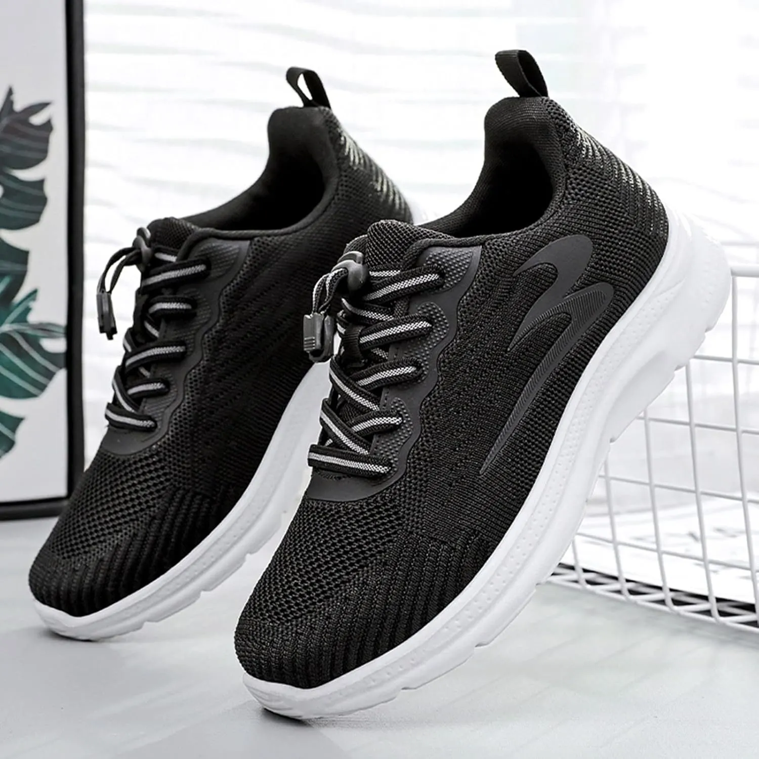Elegant Women's Pumps and Breathable Fly Woven Casual Trainers Shoes Lightweight Comfortable Summer Footwear with Elastic Straps in Black