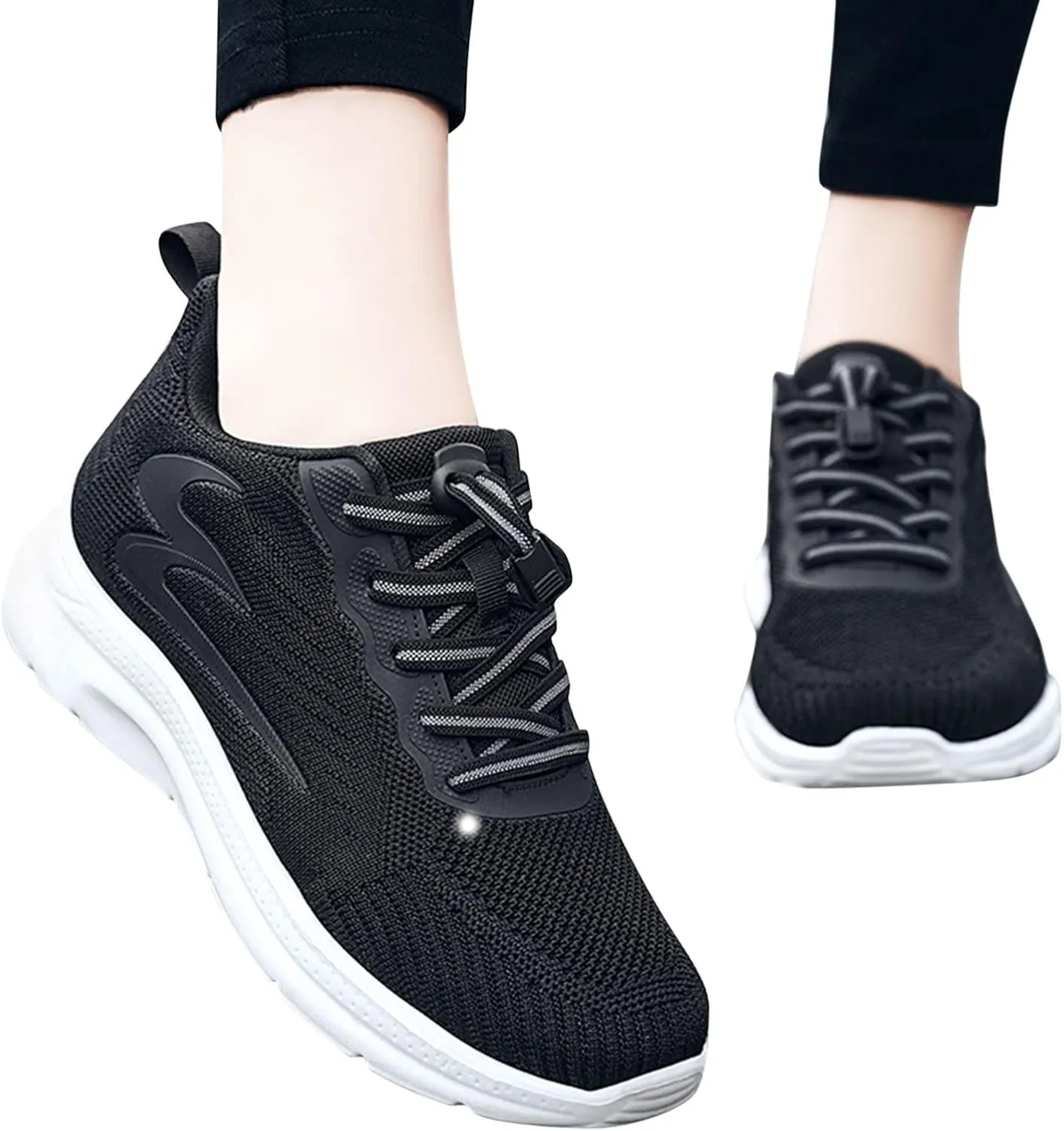 Elegant Women's Pumps and Breathable Fly Woven Casual Trainers Shoes Lightweight Comfortable Summer Footwear with Elastic Straps in Black
