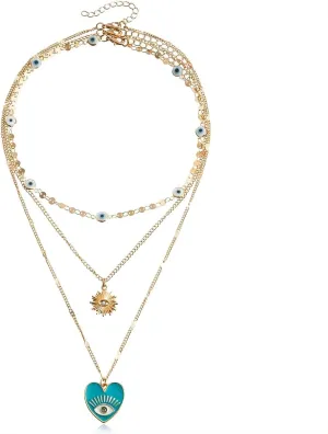 Evil Eye Pendant Necklaces Multilayer Necklace Paper Clip Choker Necklaces Chain Delicate Jewelry Gift for Women Girls