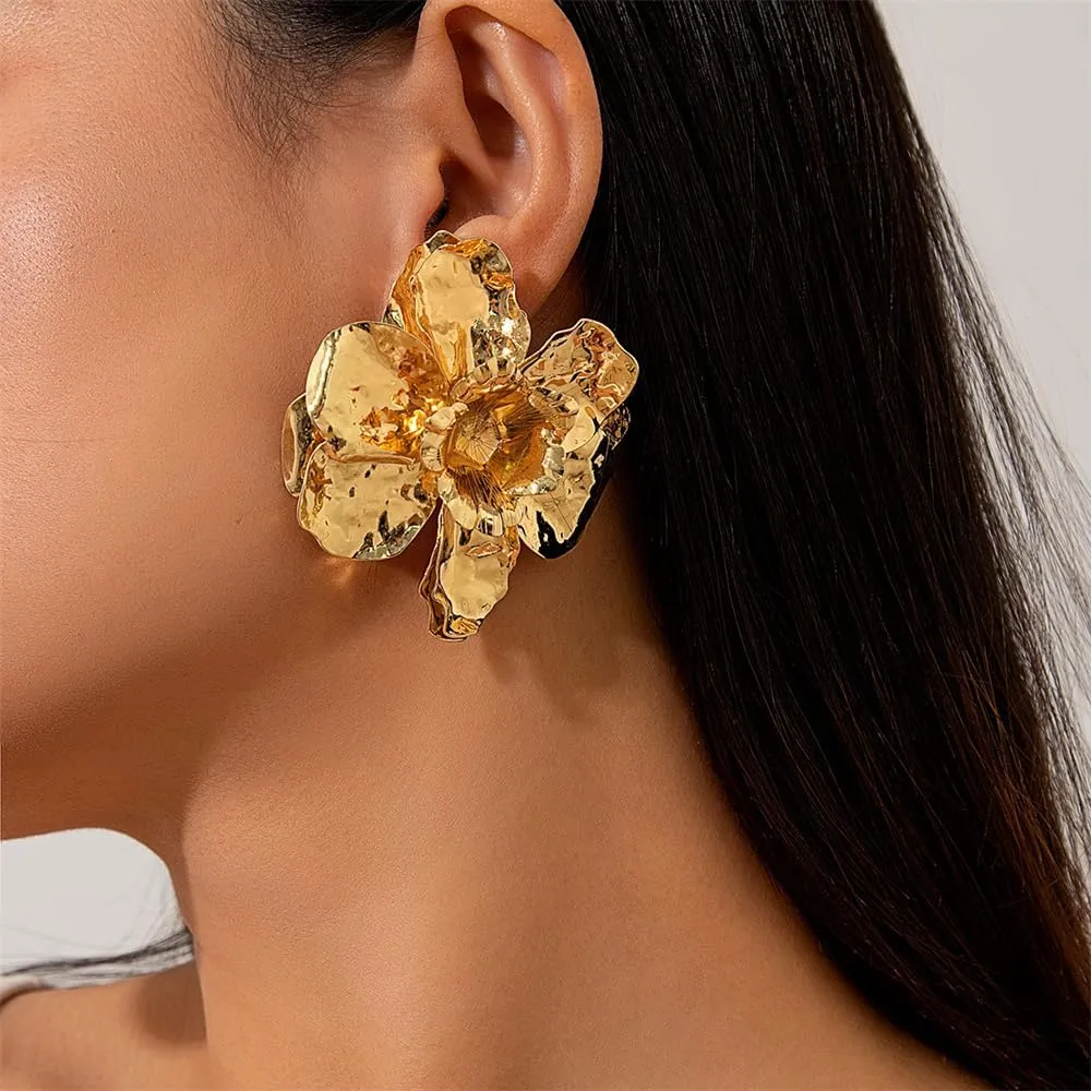 Exaggerated Big Flower Earrings Bohemian Thick Petals Floral Stud Earrings Statement Textured Large Flowers Earrings Delicate Ear Jewelry for Women