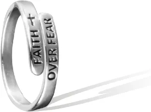 Faith Over Fear Ring Inspirational Jewelry Brass Rings with 925 Sterling Silver-plating with PU leather box Hand-hammered Adjustable Opening Ideal Gifts for Men Women