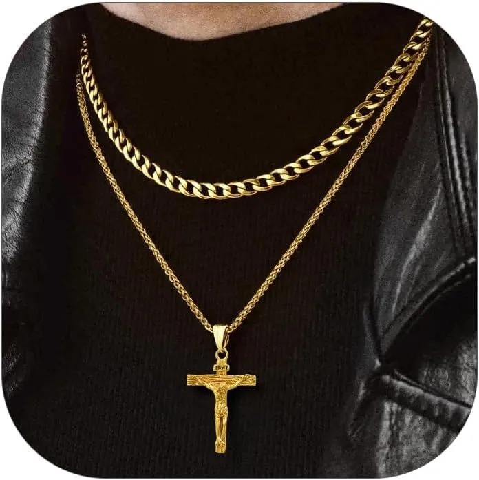 FaithHeart Cross Necklace for Men, Silver/Black/Gold Cuban Link Chain Crucifix Necklace Stainless Steel Mens Cross Pendant Necklaces 18-24 Inch Religious Jewelry Gift