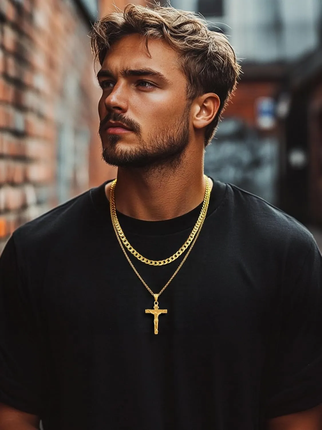 FaithHeart Cross Necklace for Men, Silver/Black/Gold Cuban Link Chain Crucifix Necklace Stainless Steel Mens Cross Pendant Necklaces 18-24 Inch Religious Jewelry Gift