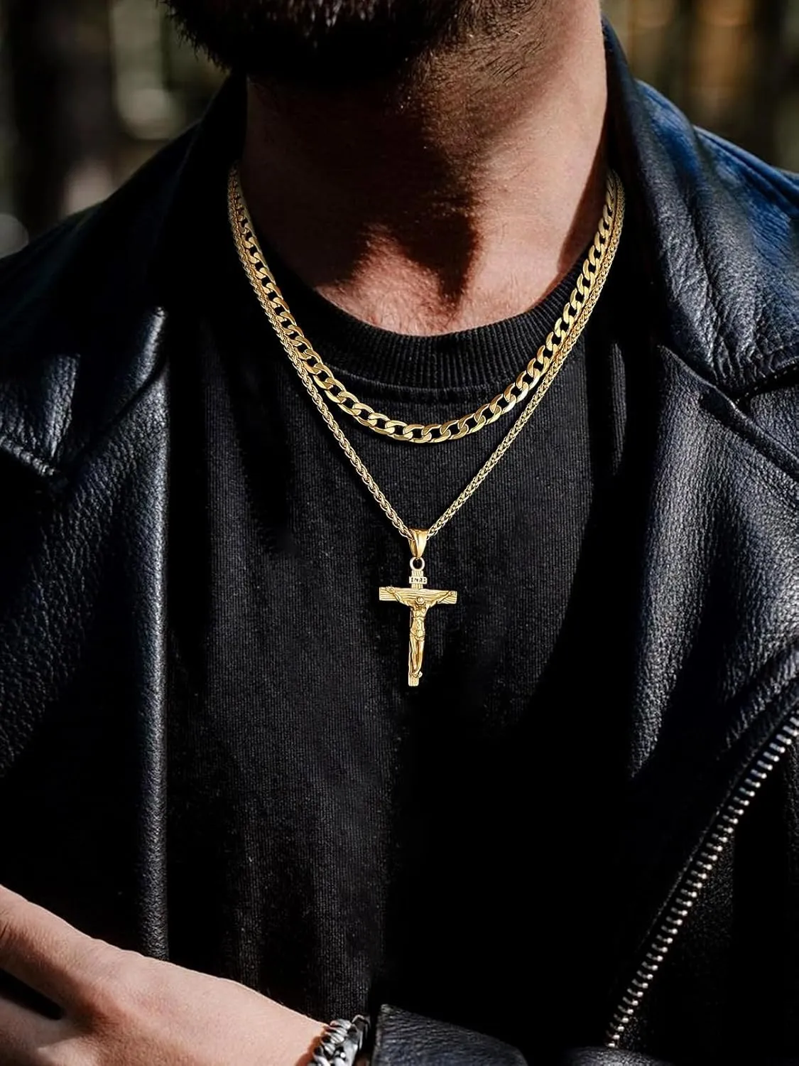 FaithHeart Cross Necklace for Men, Silver/Black/Gold Cuban Link Chain Crucifix Necklace Stainless Steel Mens Cross Pendant Necklaces 18-24 Inch Religious Jewelry Gift