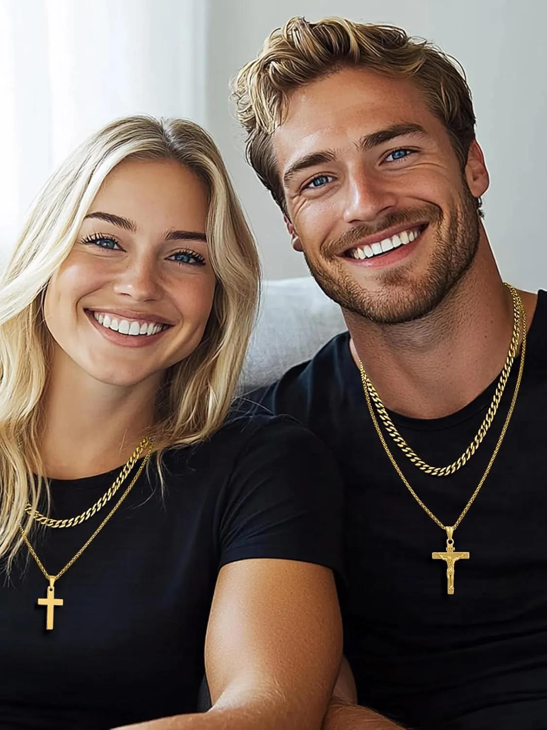 FaithHeart Cross Necklace for Men, Silver/Black/Gold Cuban Link Chain Crucifix Necklace Stainless Steel Mens Cross Pendant Necklaces 18-24 Inch Religious Jewelry Gift