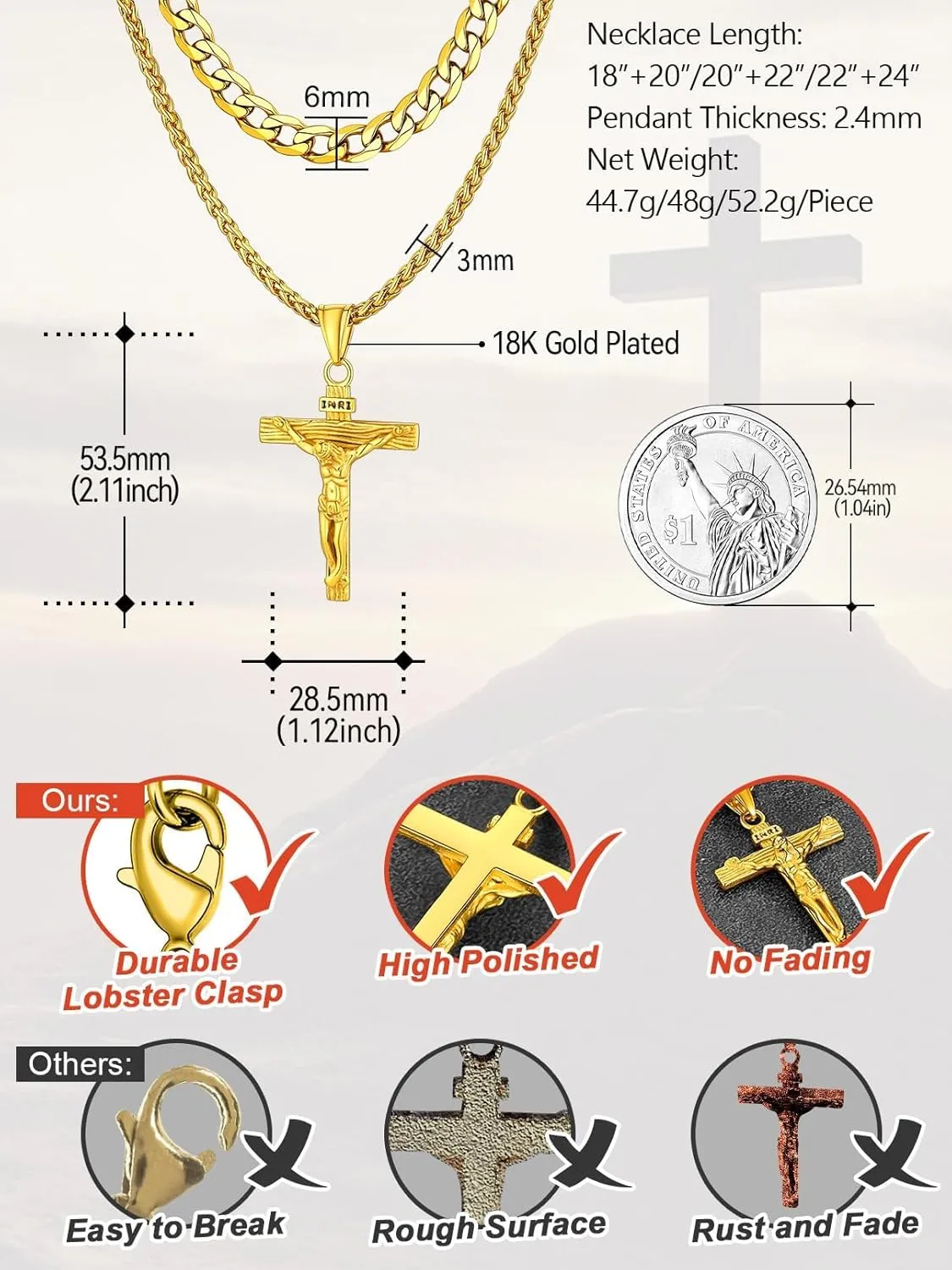 FaithHeart Cross Necklace for Men, Silver/Black/Gold Cuban Link Chain Crucifix Necklace Stainless Steel Mens Cross Pendant Necklaces 18-24 Inch Religious Jewelry Gift